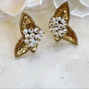Gold Sequin and Faux Pearl Floral Clip On Earrings Bridal